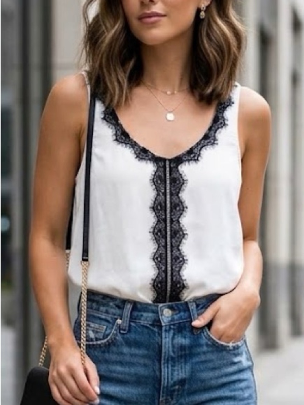 Aerie White and Black Lace Trim Tank